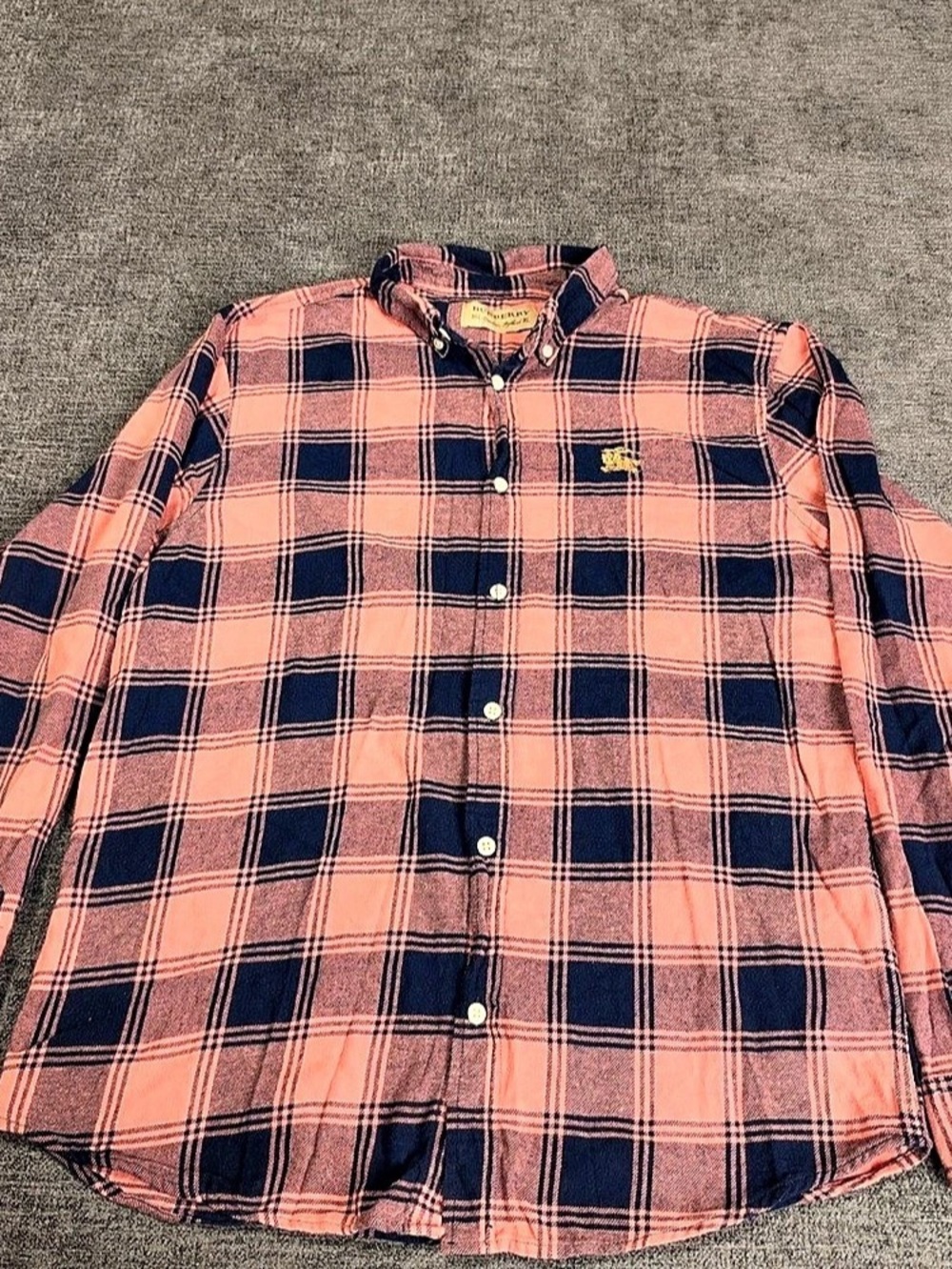 Vintage Burberry Men XL Plaid Button Up Pink Navy 100% Cotton Equestrian Knight